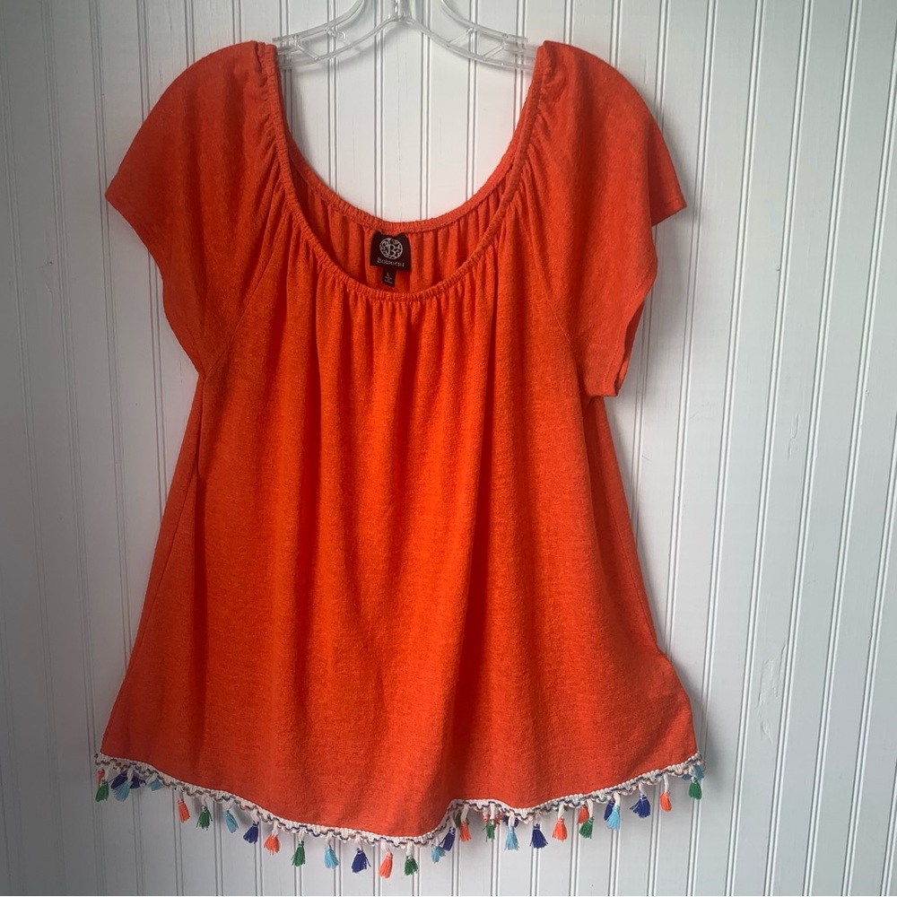 Bobeau Orange Blouse with Colorful Tassel Trim (Large)